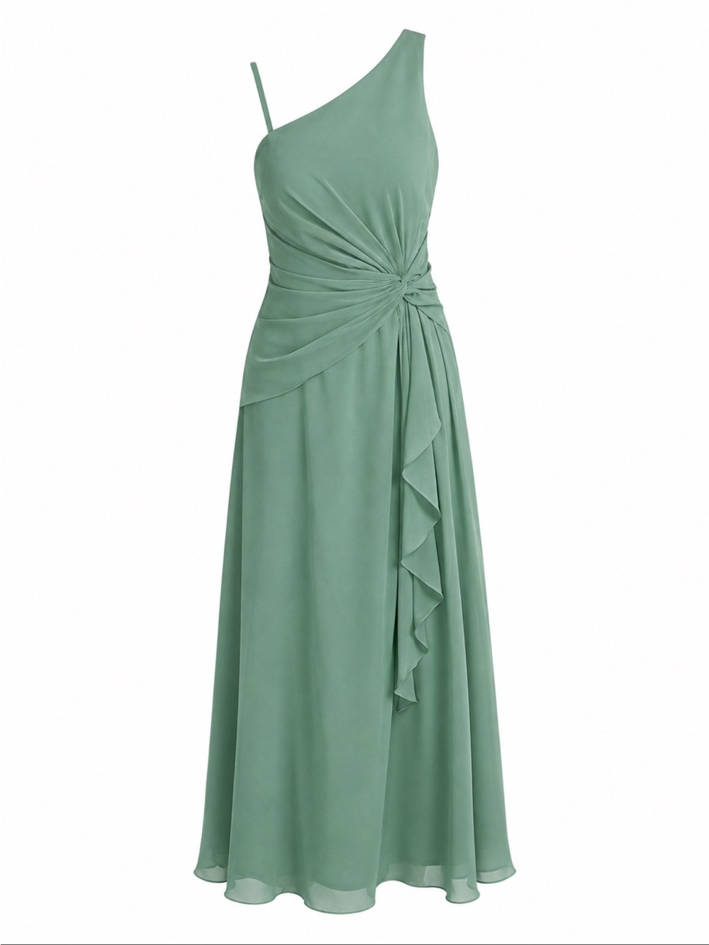 One-Shoulder Sage Green Draped Evening Dress